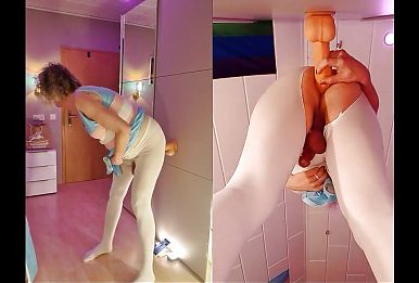 Tgirl Anna Riding Her Big Dildo on a Big Mirror and Cums